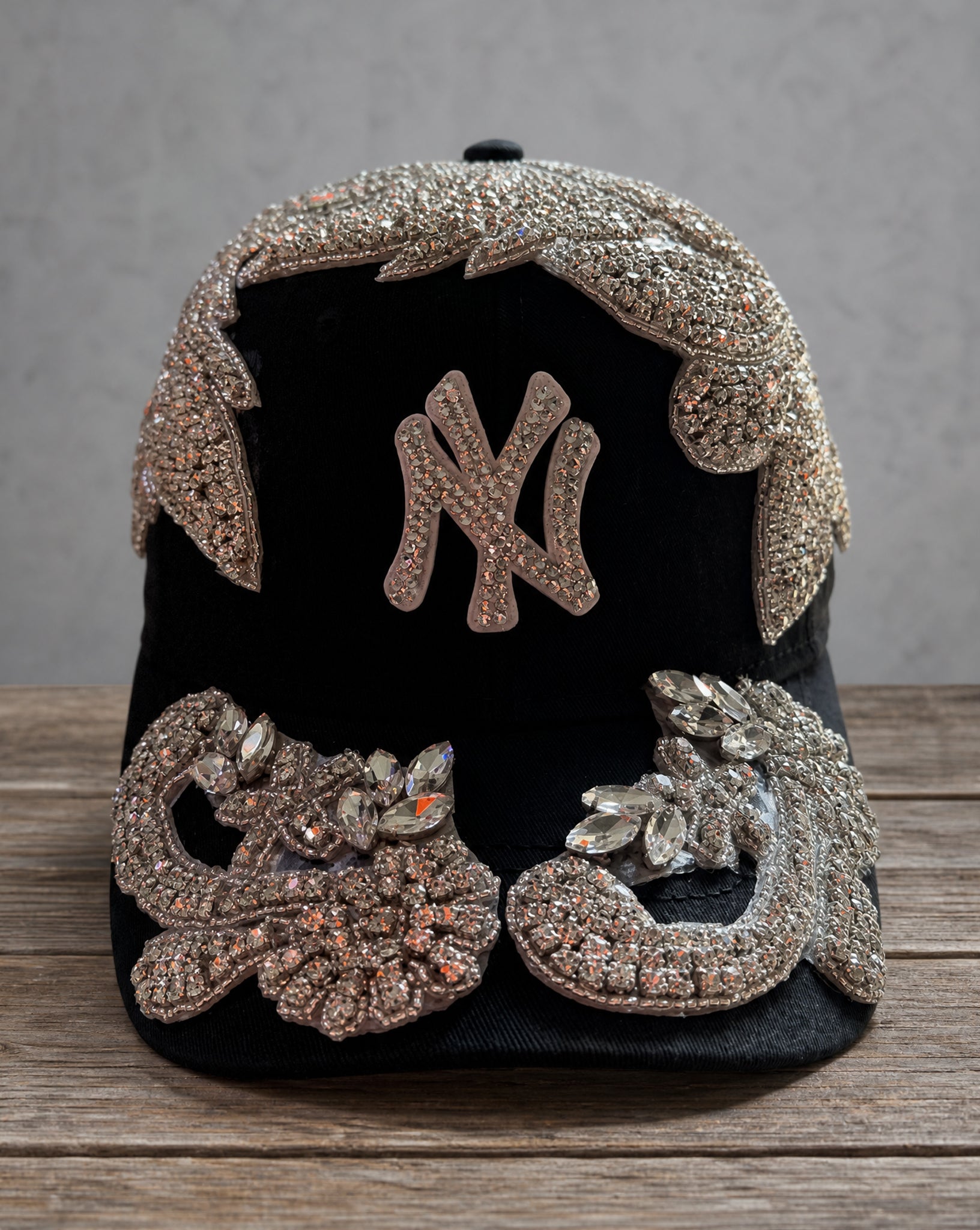 Silver Crystal Flower Appliqué New York Hat with oversized handcrafted crystal embellishment