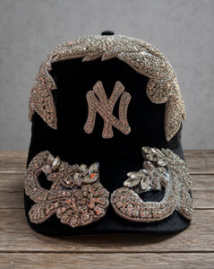 Silver Crystal Flower Appliqué New York Hat with oversized handcrafted crystal embellishment