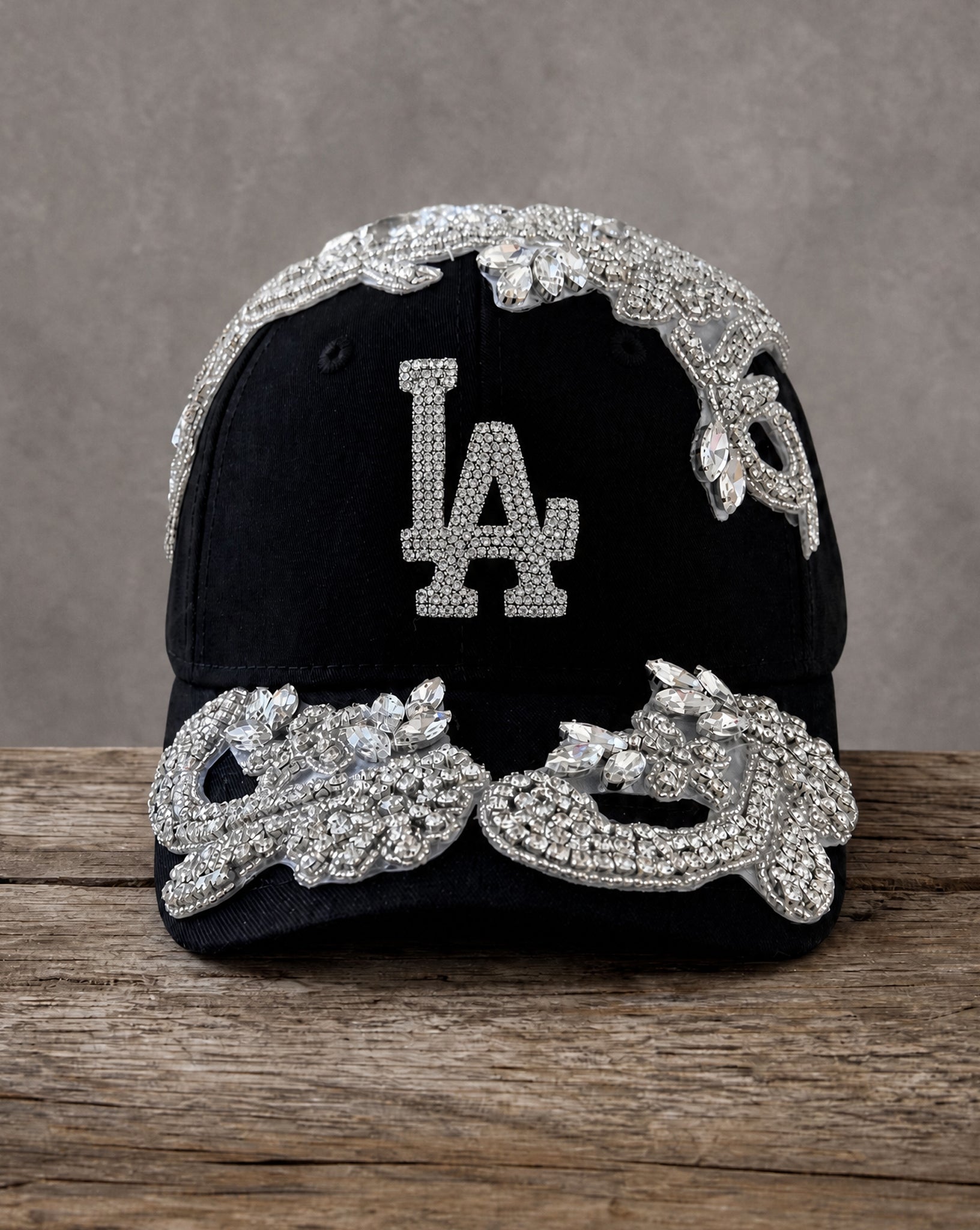 Silver Crystal Appliqué LA Hat with handcrafted crystal embellishment