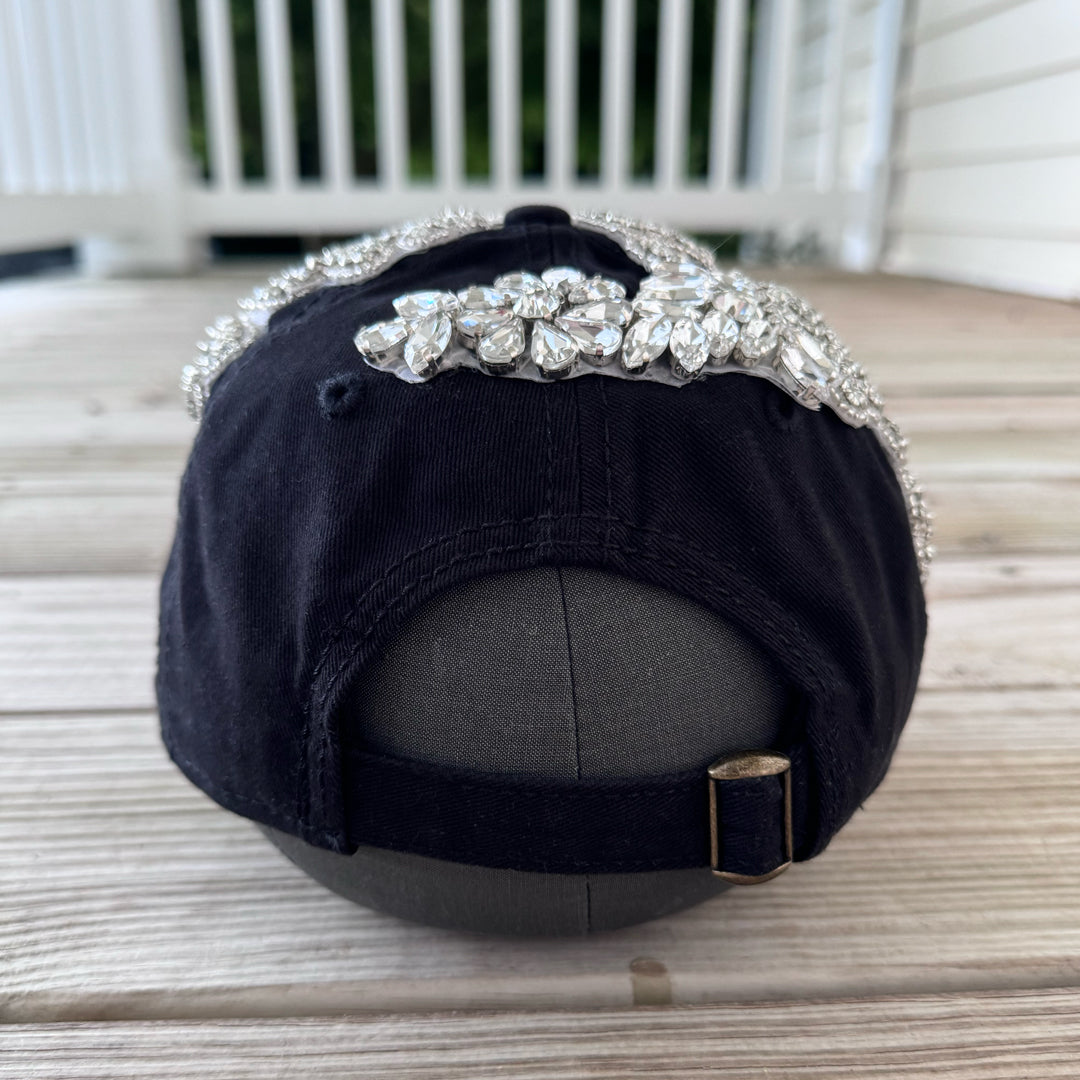 back view Silver Crystal Appliqué LA Hat with handcrafted crystal embellishment