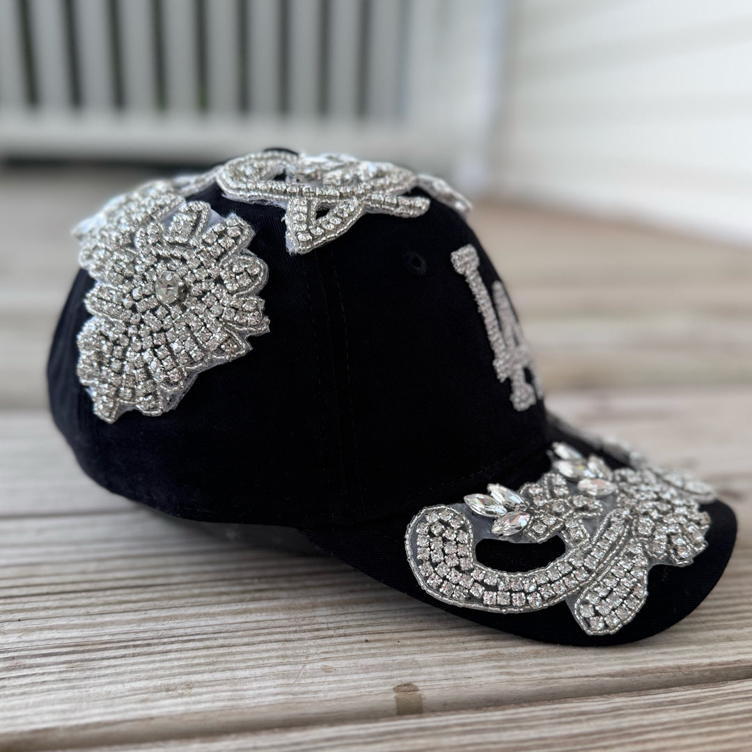 side view Silver Crystal Appliqué LA Hat with handcrafted crystal embellishment