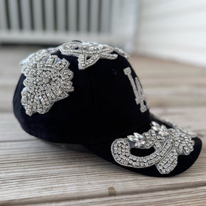 side view Silver Crystal Appliqué LA Hat with handcrafted crystal embellishment