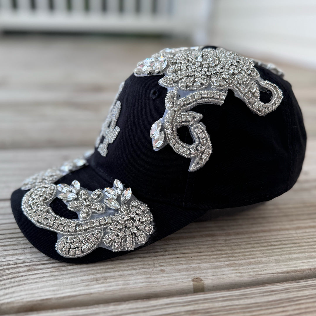 side view Silver Crystal Appliqué LA Hat with handcrafted crystal embellishment