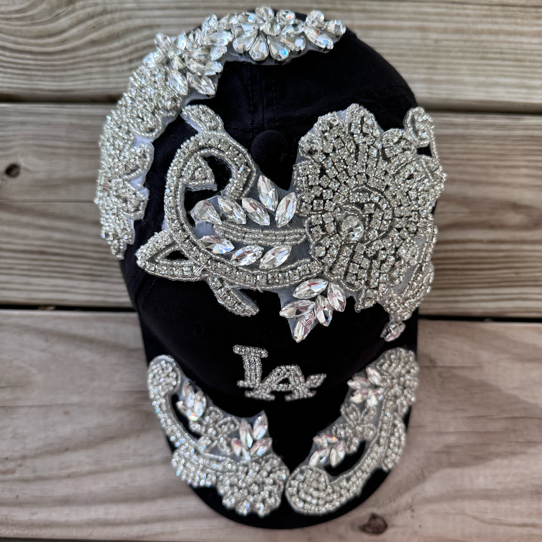 top view Silver Crystal Appliqué LA Hat with handcrafted crystal embellishment