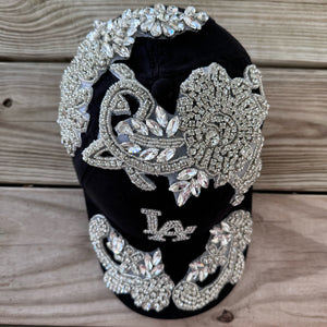 top view Silver Crystal Appliqué LA Hat with handcrafted crystal embellishment