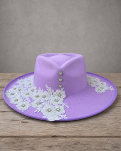 Lilac fedora hat featuring a handcrafted crystal appliqué LOVE design