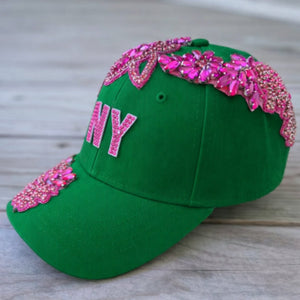 Limited Edition Custom Beaded Pink Crystal Applique Green New York Hat - Rebel P Customs