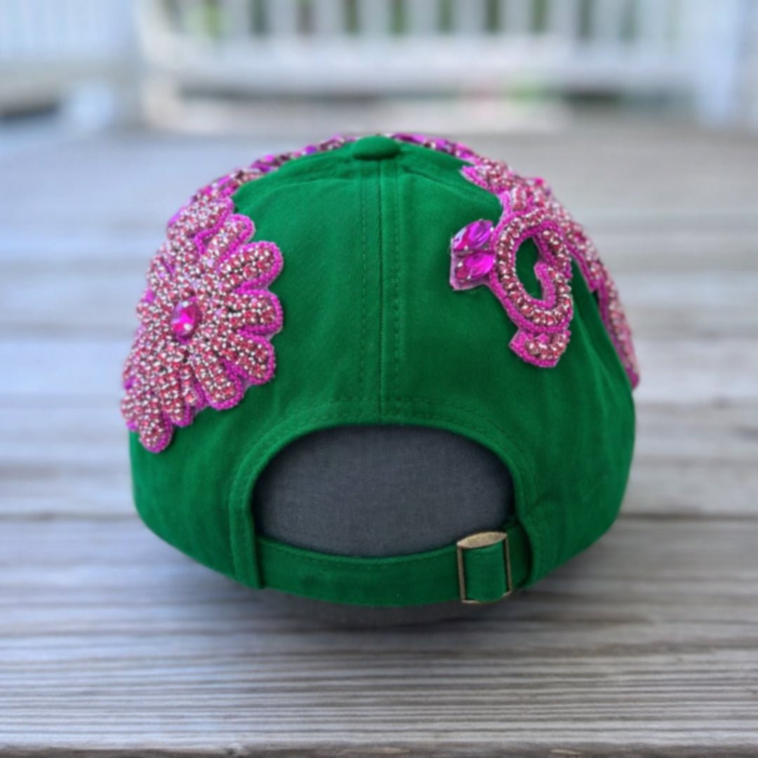 Limited Edition Custom Beaded Pink Crystal Applique Green New York Hat - Rebel P Customs
