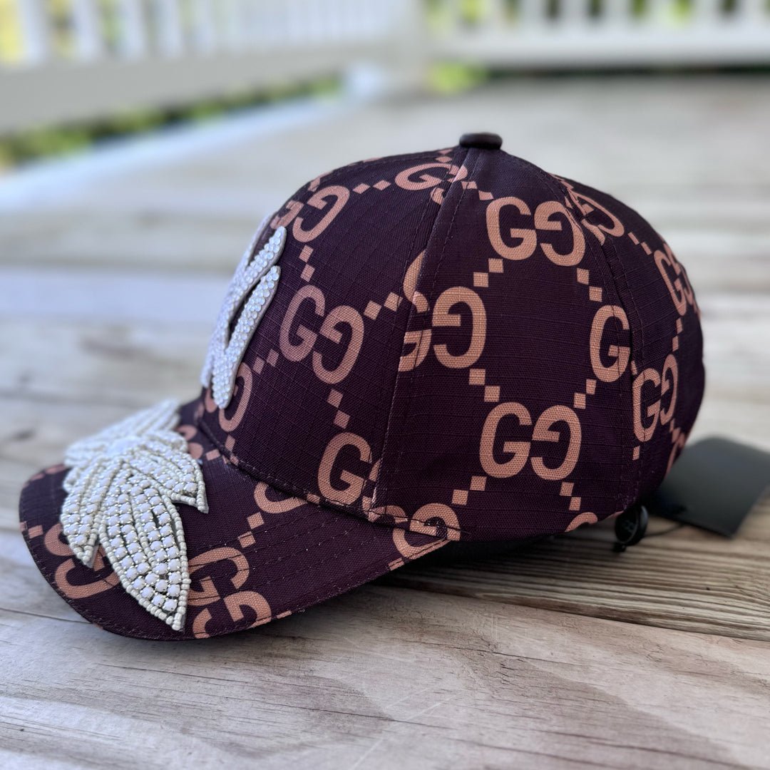 side view Limited Edition NY White Crystal Appliqué Hat with handcrafted rhinestone details