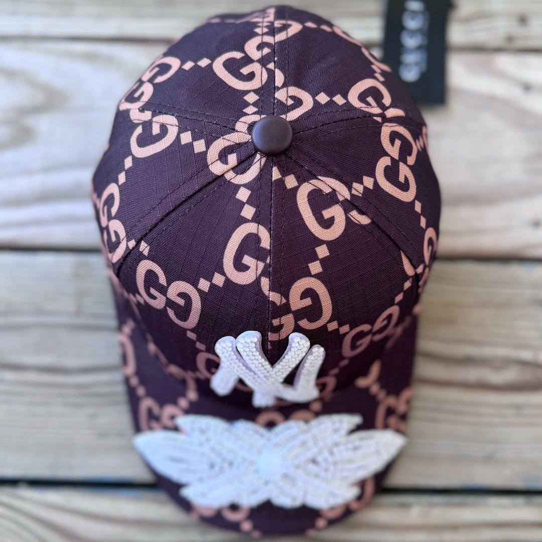 top view Limited Edition NY White Crystal Appliqué Hat with handcrafted rhinestone details