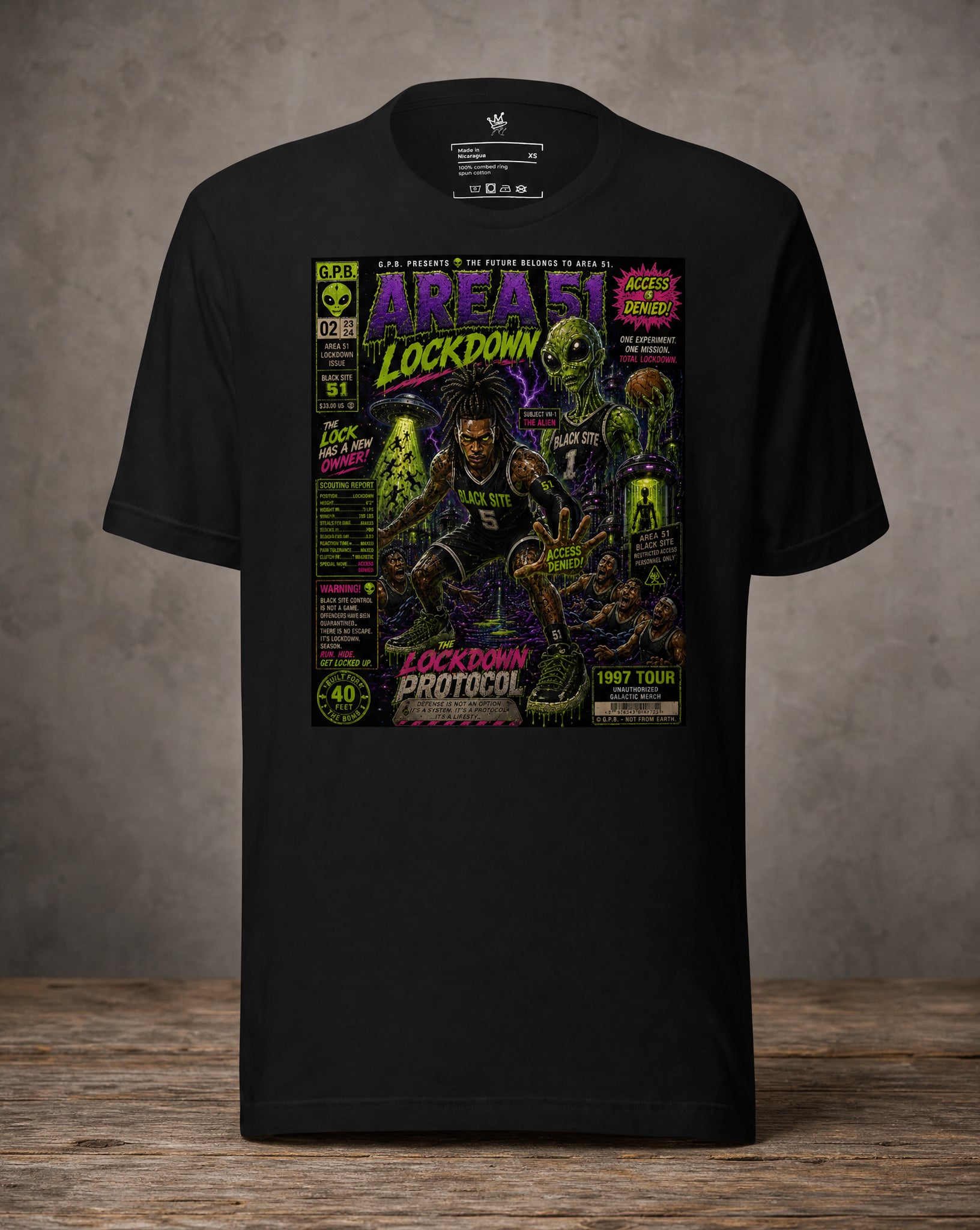 Front view Garbage Pail Ballers™ Lockdown Stephon Castle-inspired Vintage Hardwood Classics basketball graphic T-shirt