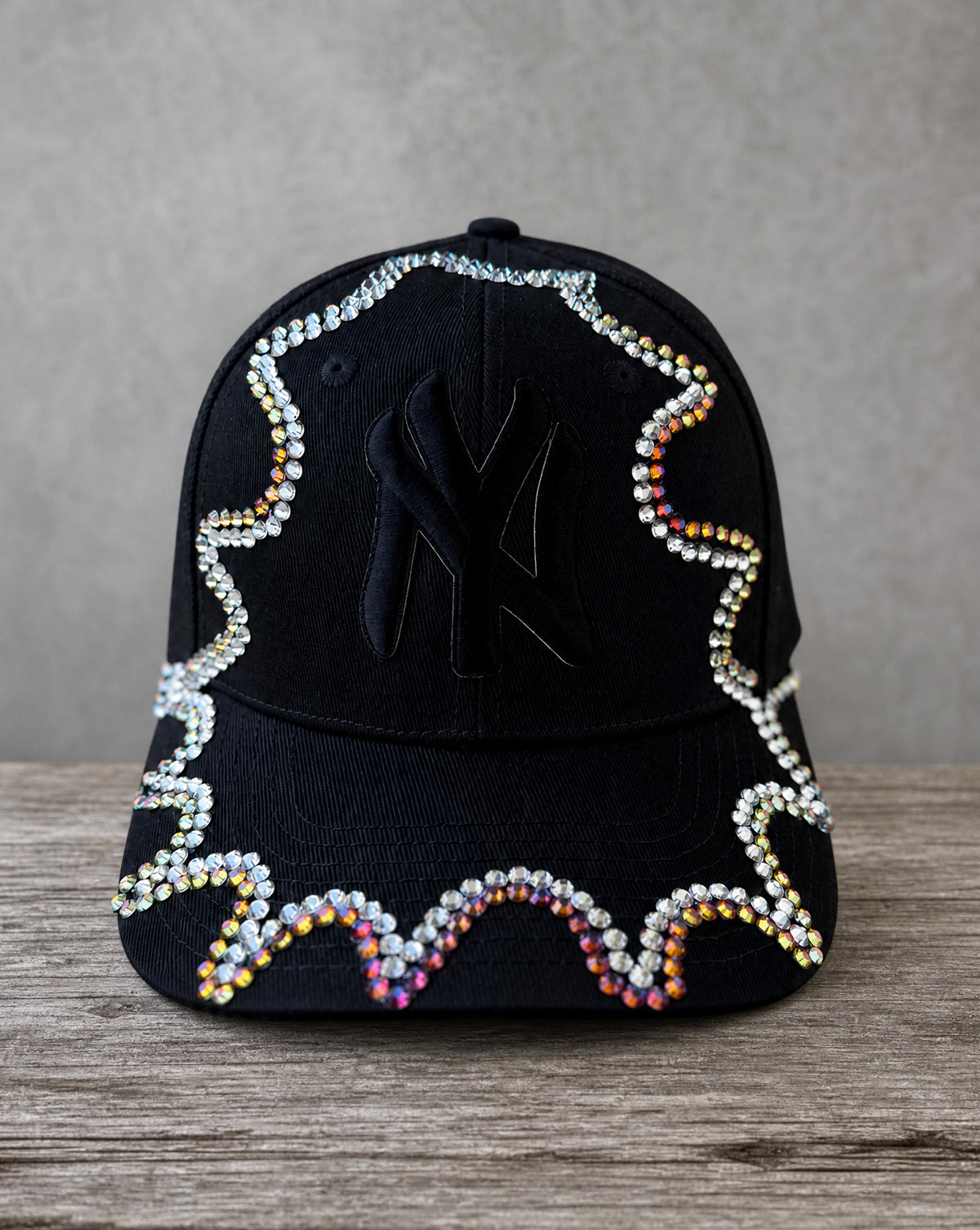 Chameleon Crystal Appliqué Bow New York Hat with hand-applied crystal design