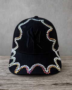 Chameleon Crystal Appliqué Bow New York Hat with iridescent crystal detailing