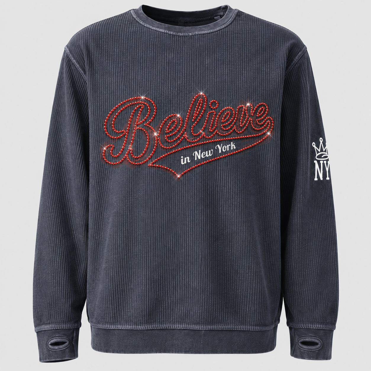 Close-up mockup of red rhinestone detailing on the Believe In New York sweatshirt