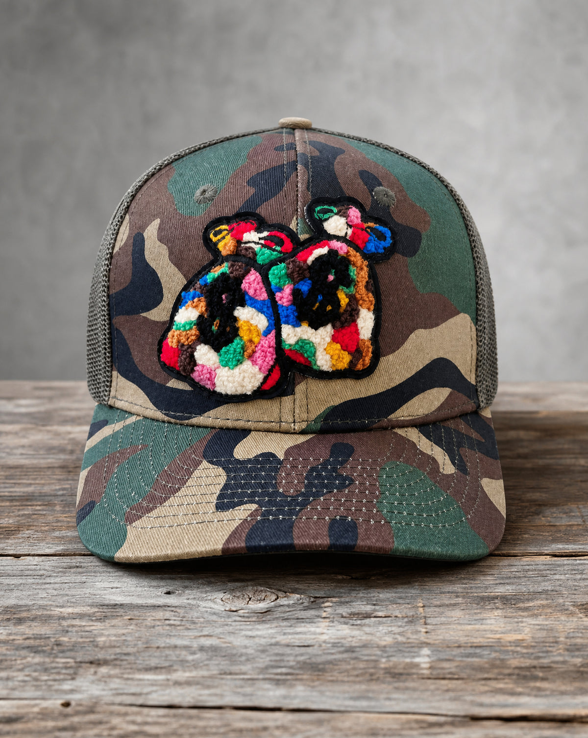 Money Bag chenille camo snapback trucker cap with handcrafted chenille design