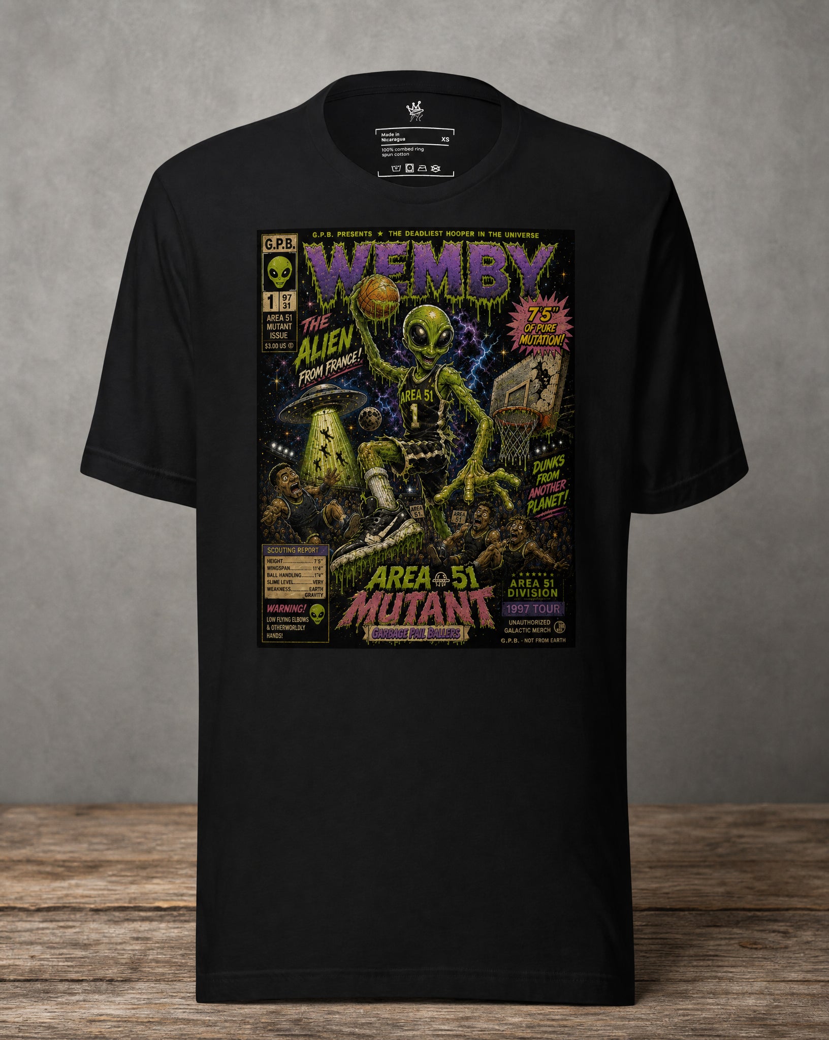 Front View Garbage Pail Ballers™ Area 51 Mutant Victor Wembanyama-inspired Vintage Hardwood Classics basketball graphic T-shirt