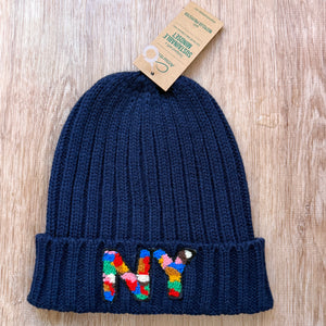 Chenille NY Navy Beanie with bold chenille NY patch