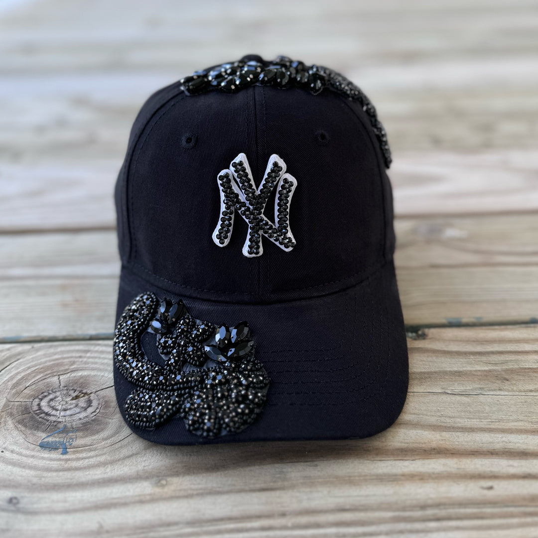 Black Crystal Appliqué Black New York Hat with hand-applied black crystal design