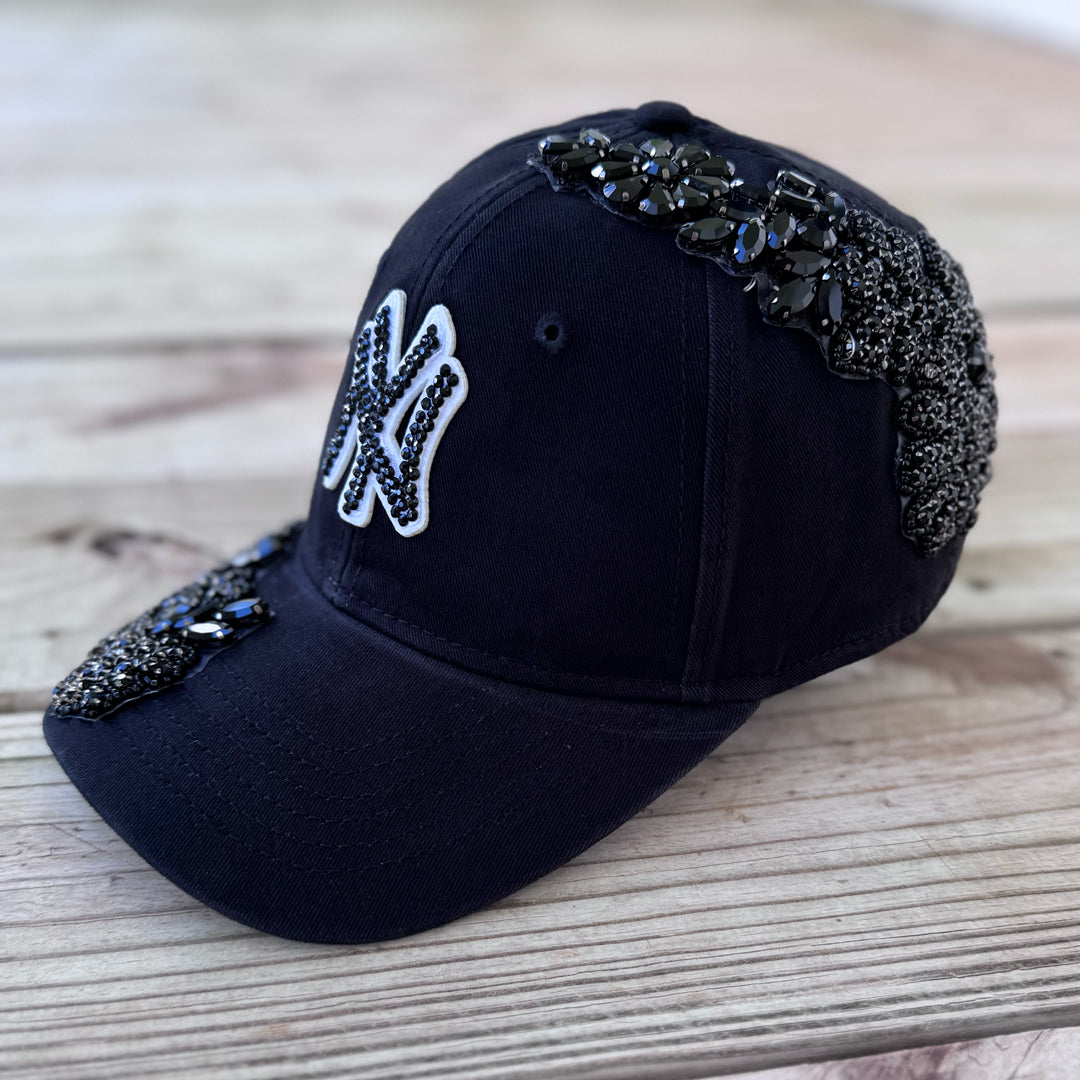 Right-side view of Black Crystal Appliqué Black New York Hat