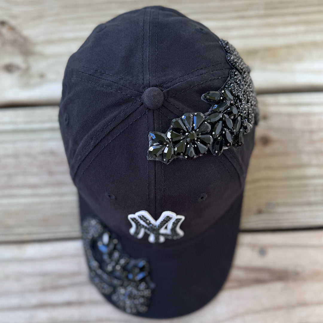 Top view of Black Crystal Appliqué Black New York Hat