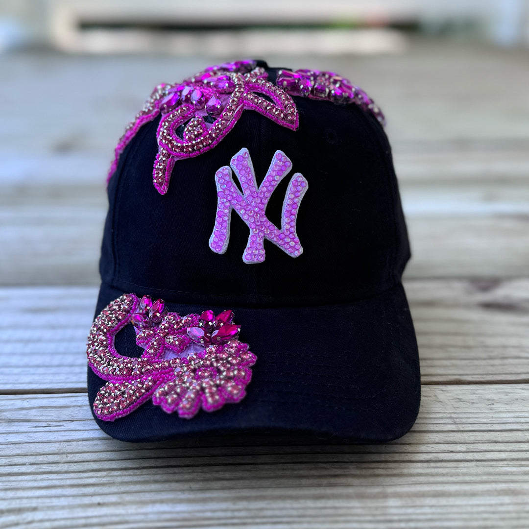 Pink Crystal Appliqué Black New York Hat with hand-applied crystal design