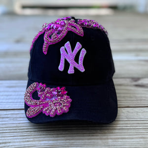 Pink Crystal Appliqué Black New York Hat with hand-applied crystal design