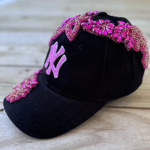 Right-side view of Pink Crystal Appliqué Black New York Hat