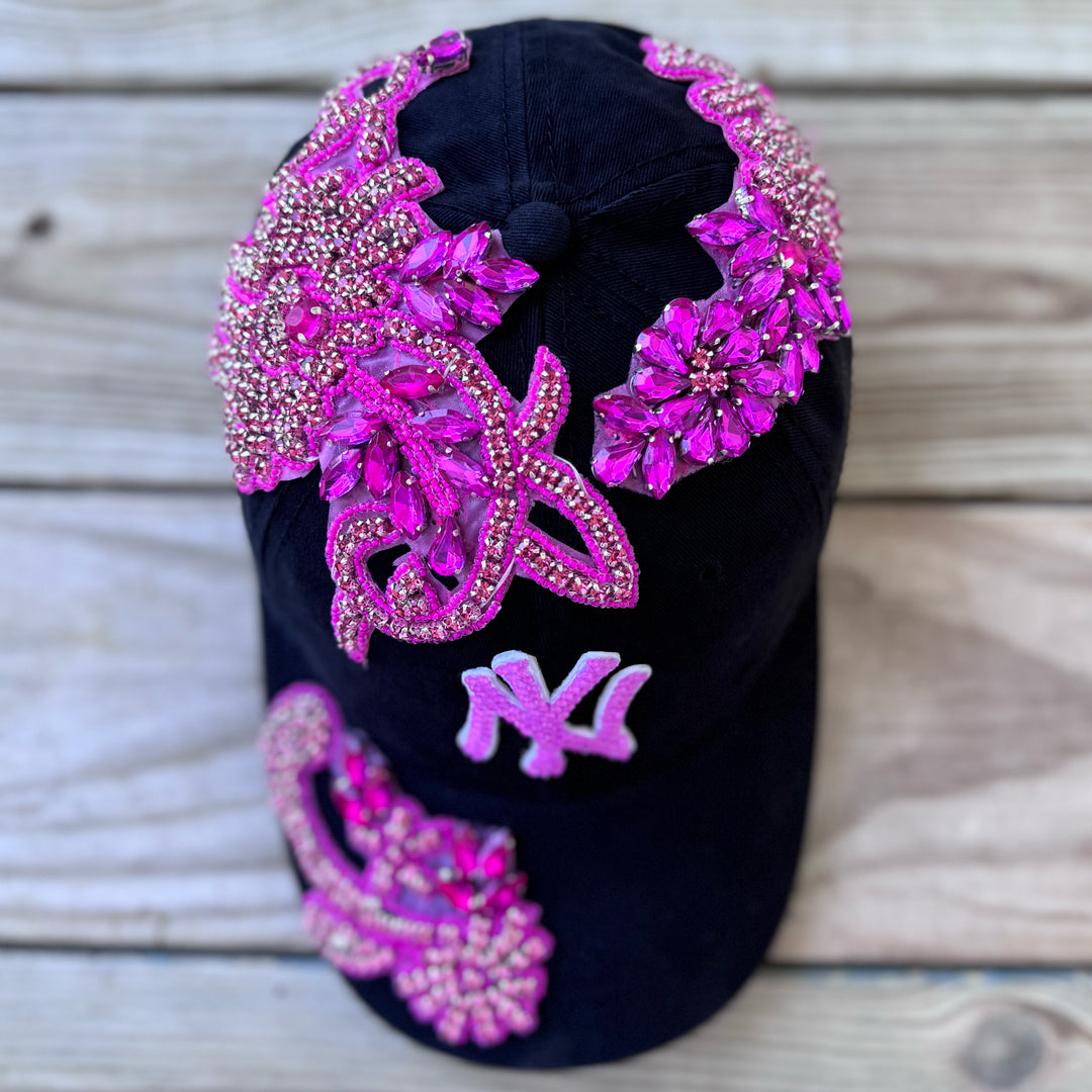 Top view of Pink Crystal Appliqué Black New York Hat