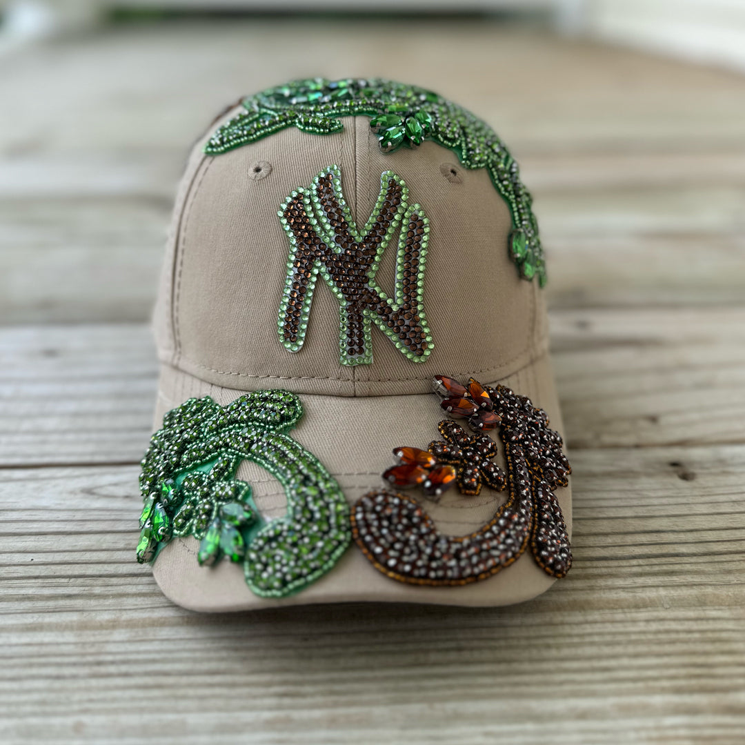 Crystal Multicolor Appliqué Big New York Hat with hand-applied multicolor crystal design