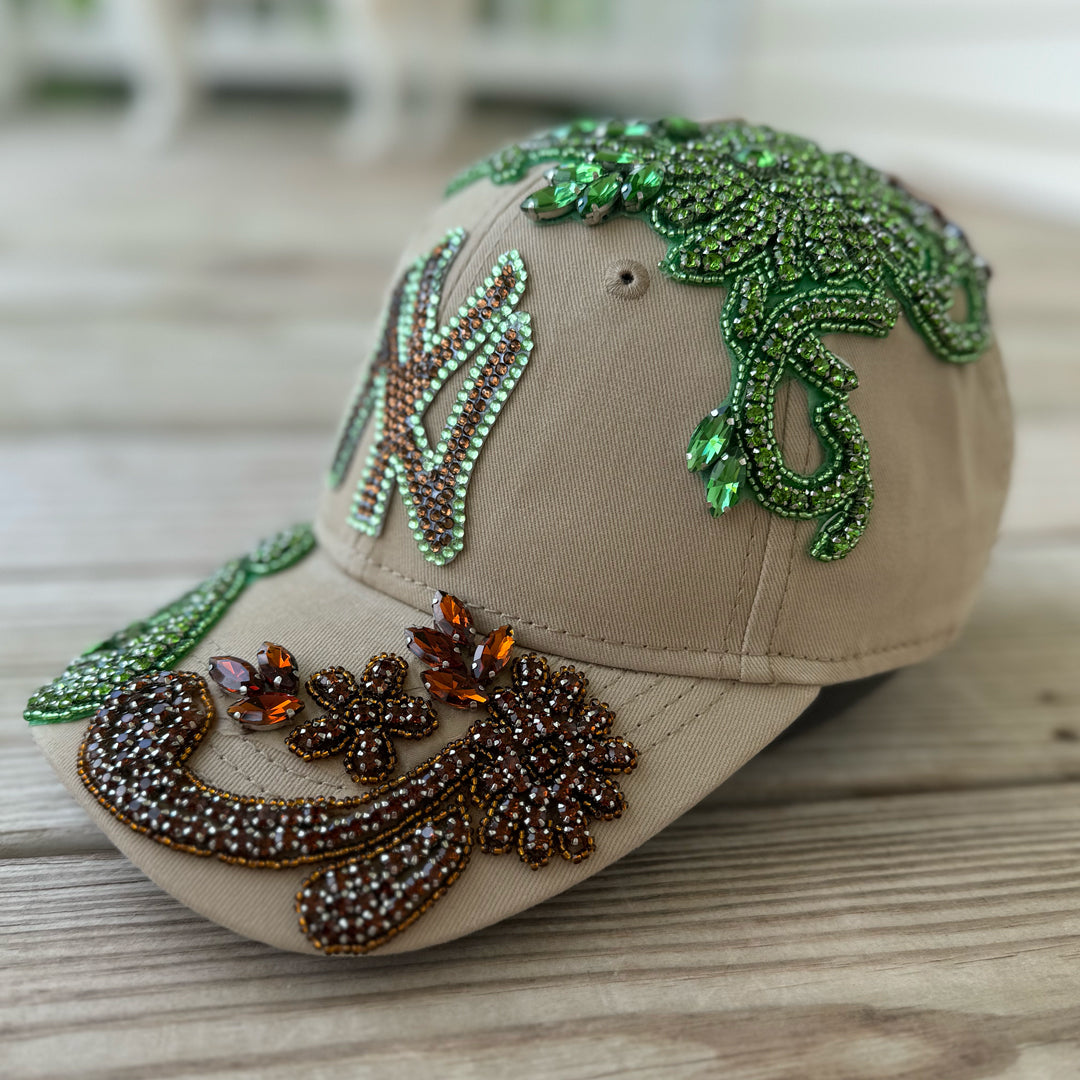 Side view of Crystal Multicolor Appliqué Big New York Hat