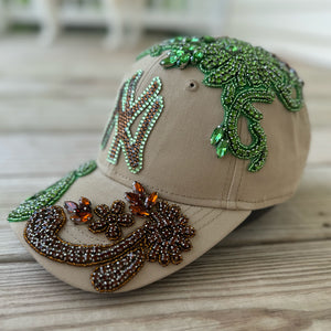 Side view of Crystal Multicolor Appliqué Big New York Hat