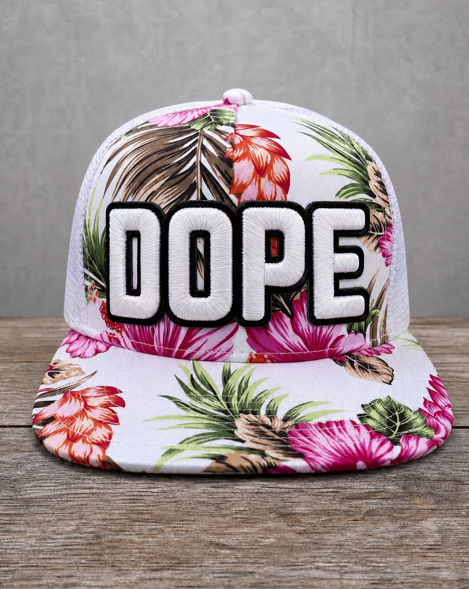 Pink floral glow in the dark DOPE patched trucker cap with handcrafted patchwork design