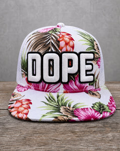 Pink floral glow in the dark DOPE patched trucker cap with handcrafted patchwork design