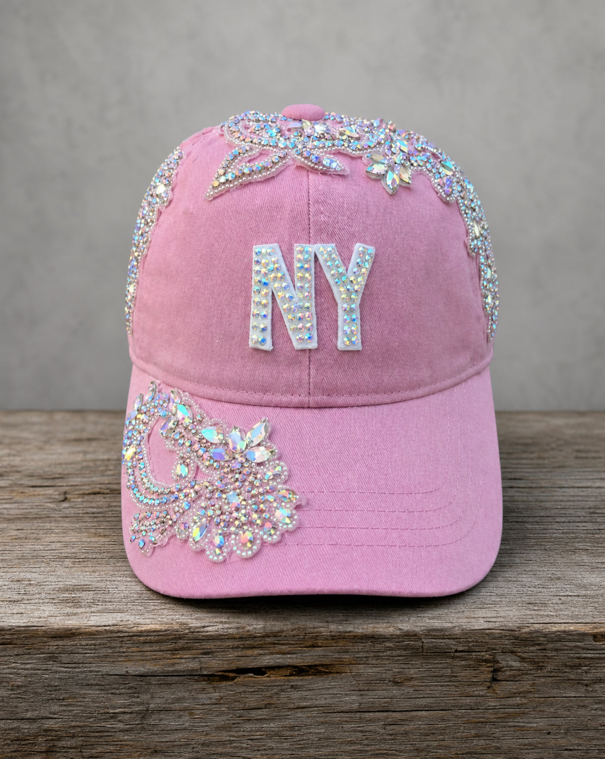Crystal Appliqué New York hat with hand-applied crystal design