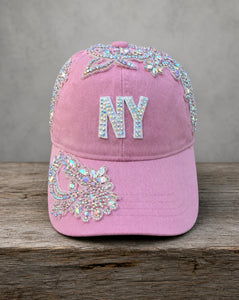 Crystal Appliqué New York hat with hand-applied crystal design
