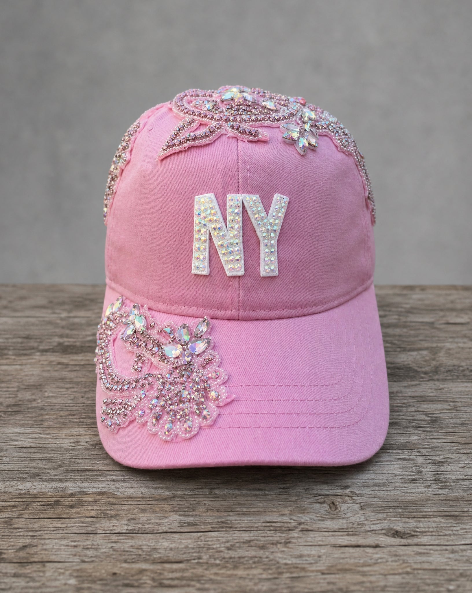 Crystal Appliqué New York hat with hand-applied crystal design