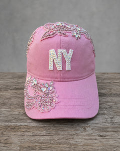 Crystal Appliqué New York hat with hand-applied crystal design