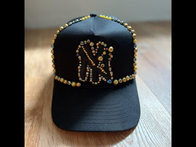 vieo Black and gold pearl crystal appliqué New York hat with handcrafted embellishments