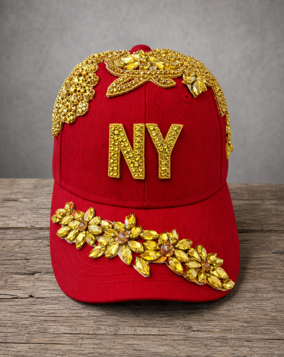 Crystal Appliqué New York hat with hand-applied crystal design