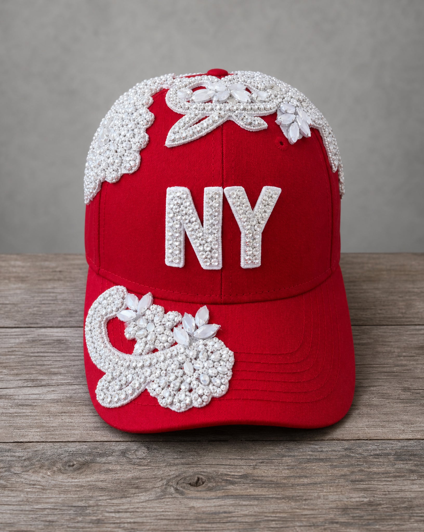 Crystal Appliqué New York hat with hand-applied crystal design