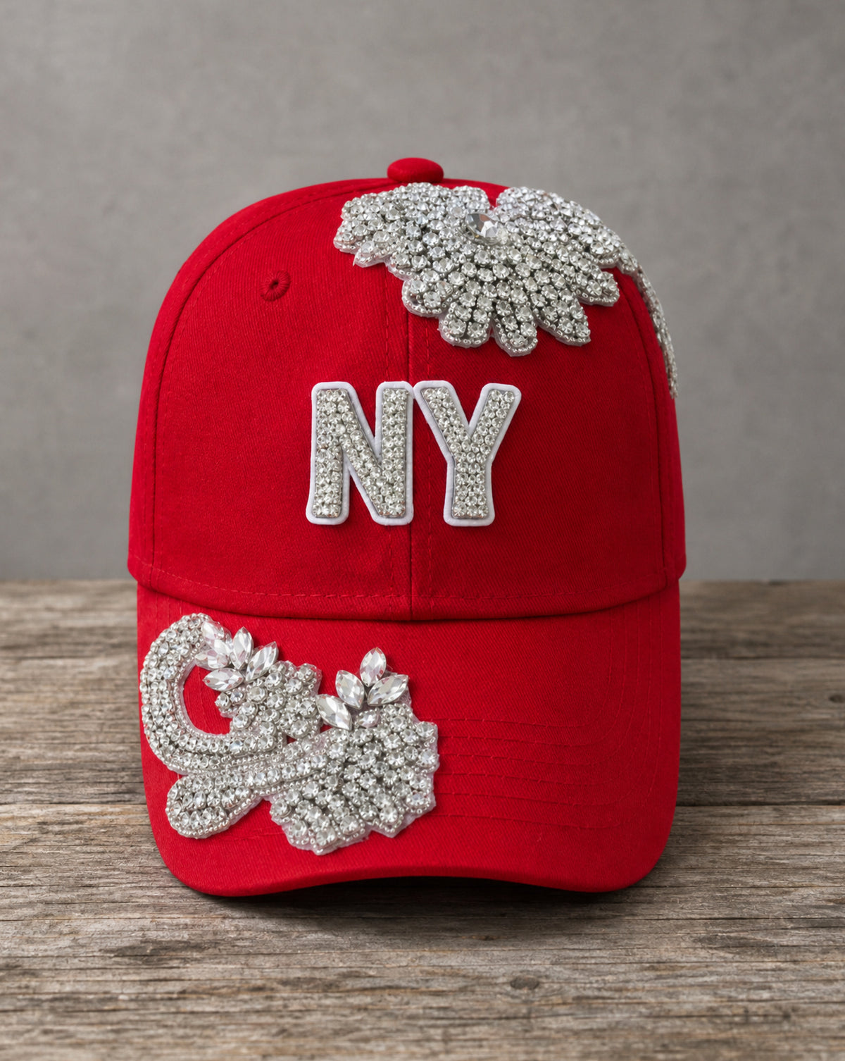 Crystal Appliqué New York hat with hand-applied crystal design