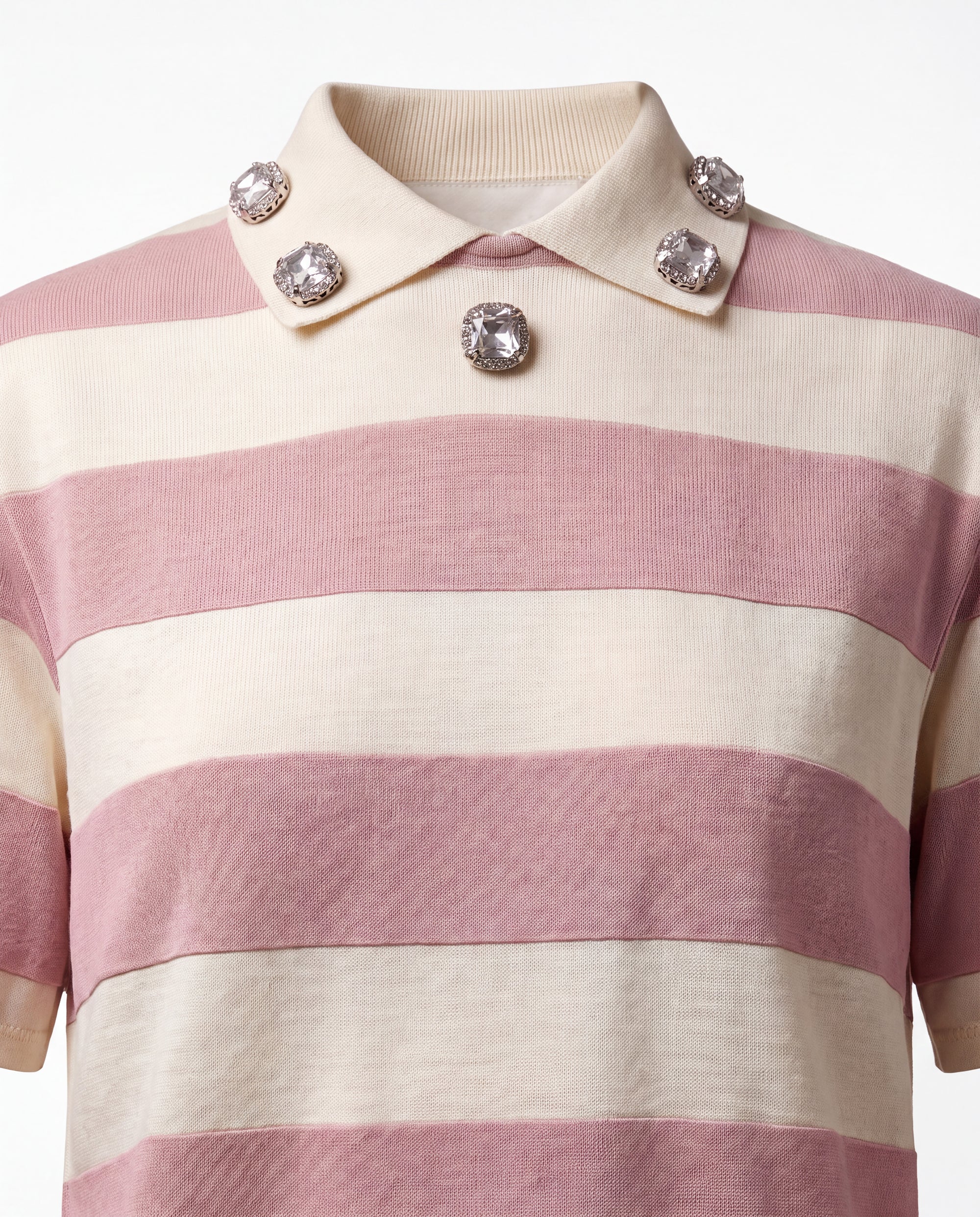 Close-up of oversized crystal embellishments on the collar of The Manhattan Jeweled Pink Polo