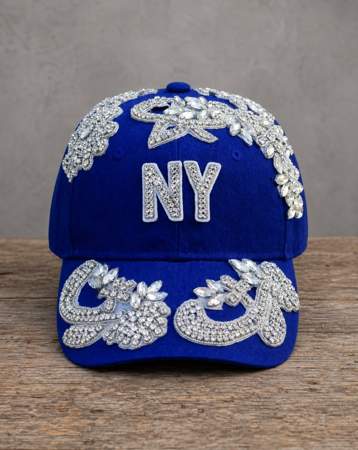 Crystal Appliqué New York hat with hand-applied crystal design