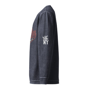 Left side view of Believe In New York Rhinestone Comfy Cord Sweatshirt showing sleeve detail