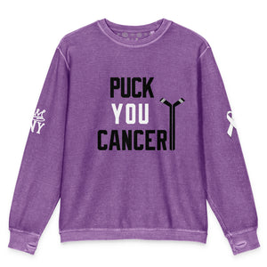 Front View Puck You Cancer Hockey Comfy Cord Sweatshirt with original graphic design