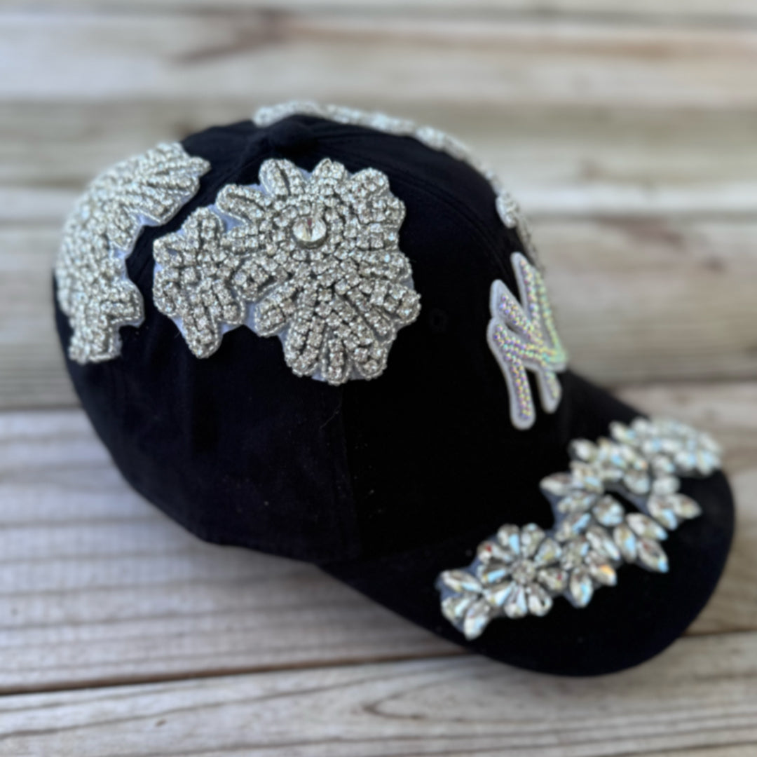 Left-side view of Luminous Silver Crystal Appliqué Black New York Hat
