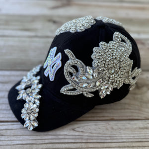Right-side view of Luminous Silver Crystal Appliqué Black New York Hat