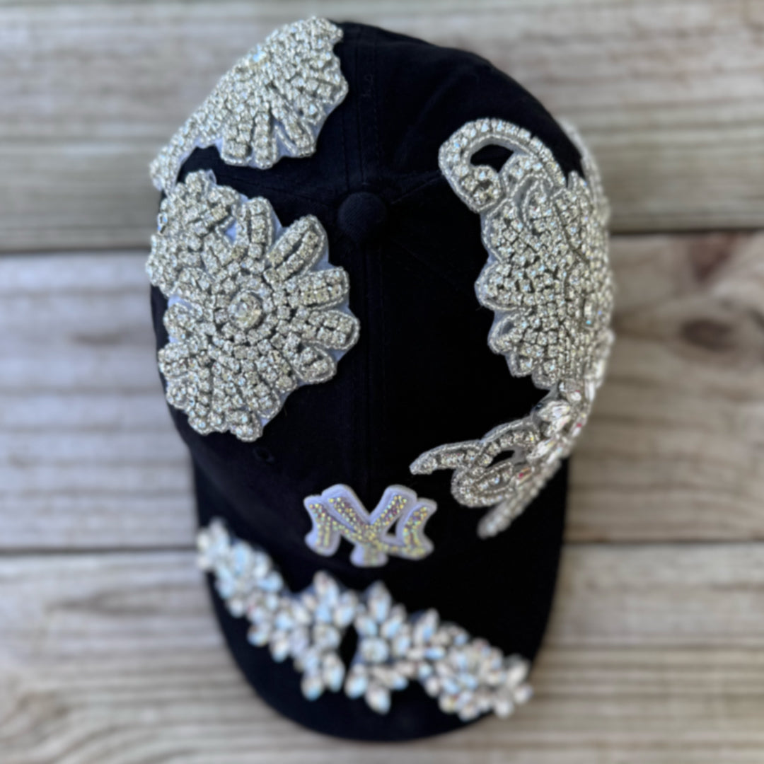 Top view of Luminous Silver Crystal Appliqué Black New York Hat