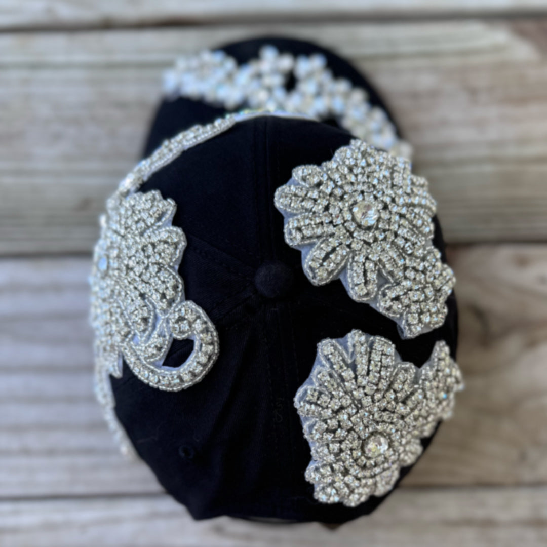 Top view of Luminous Silver Crystal Appliqué Black New York Hat