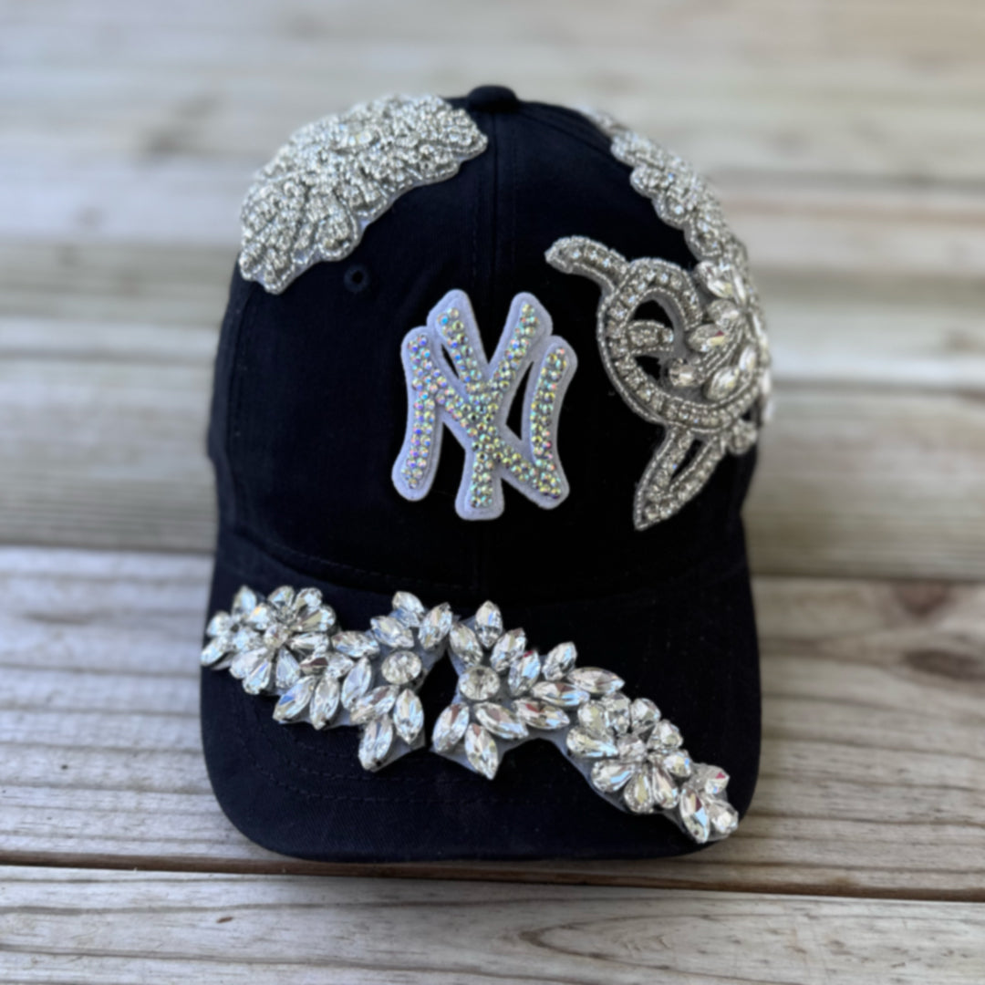 Luminous Silver Crystal Appliqué Black New York Hat with hand-applied crystal design